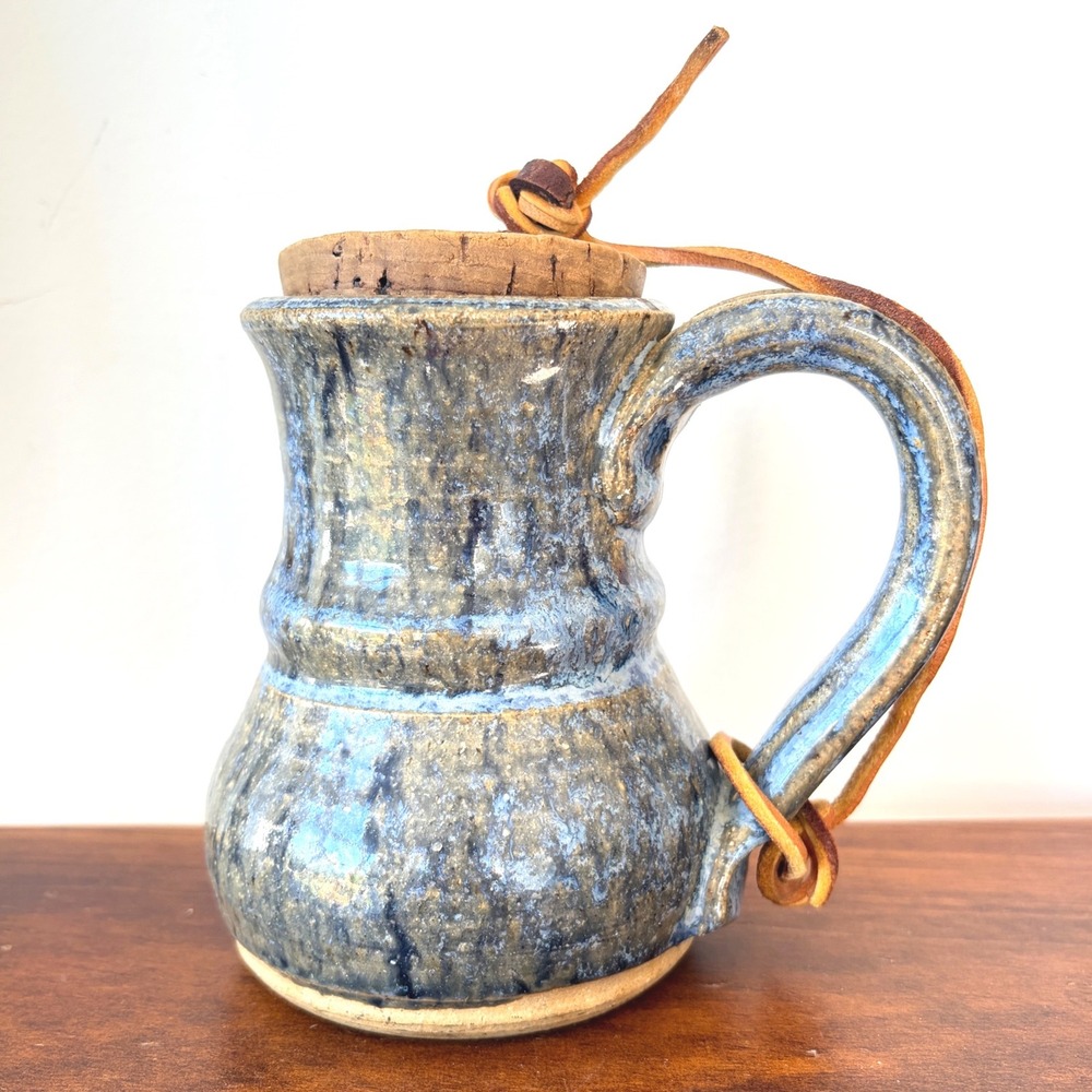 Studio Pottery Blue Glazed Mug with Cork Lid and Leather Cord Signed
